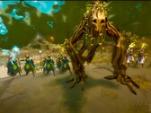 Captura de tela de Wartorn mostrando uma unidade de árvore lutando ao lado de elfos e magos