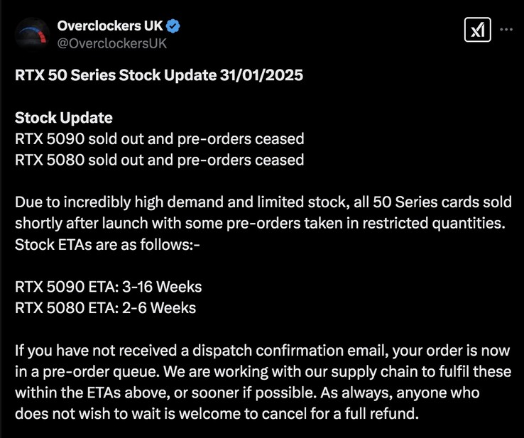 Os gamers do Reino Unido terão que esperar um pouco antes de conseguir uma nova GPU GeForce RTX 50. (Fonte da imagem: Overclockers UK)