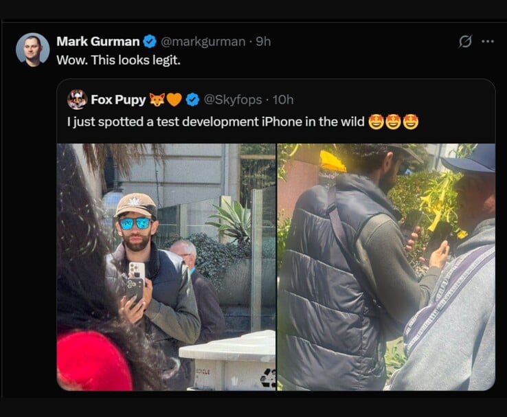 Mark Gurman reage a um suposto protótipo do iPhone 17 Pro visto em público, publicado originalmente por @Skyfops no X (antigo Twitter). A imagem mostra um homem segurando um dispositivo de teste com um estojo exclusivo, enquanto outro indivíduo parece bloquear a visão. (Imagem: @Skyfops / @markgurman on X)