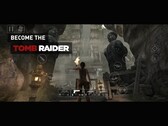 Jogo de Tomb Raider rodando no iPhone ou iPad mostrando Lara Croft explorando ruínas de templos com controles de toque visíveis na tela