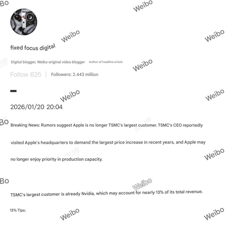 Apple não é mais o maior cliente da TSMC e pode não ter mais acesso prioritário. (fonte da imagem: Fixed Focus Digital no Weibo)