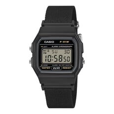 Relógio digital Casio F-91WF-1A com caixa preta e pulseira de tecido preto.