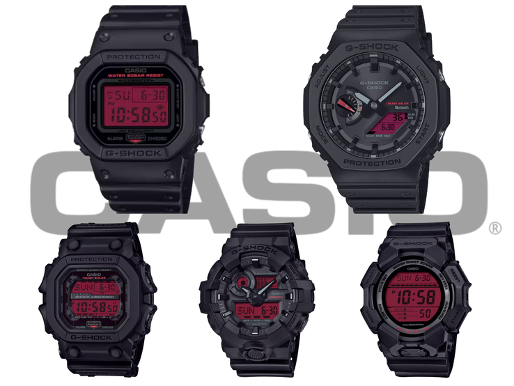 Na foto, em sentido horário a partir do canto superior esquerdo: Casio DW-5600BBR-1, GA-B2100BBR-1A, GD-010BBR-1JF, GA-700BBR-1AJF e GX-56BBR-1A - a linha completa do G-Shock original 