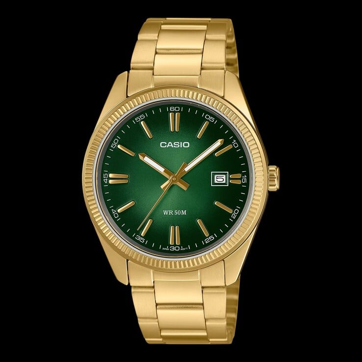 O mais recente relógio social acessível da Casio, o modelo MTP-1302PGC-3AV, combina um mostrador verde radiante com uma luneta canelada