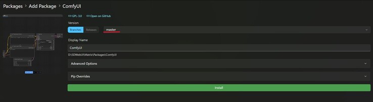Uma captura de tela do hub ComfyUI para instalação no Stability Matrix, com um destaque vermelho no menu suspenso de seleção de compilação. (Fonte da imagem: Captura de tela do Windows)