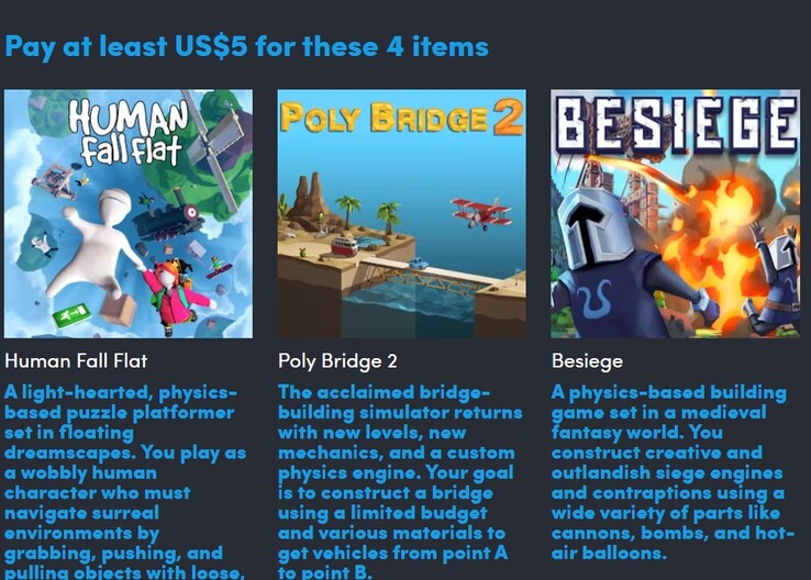 Pôsteres e descrições dos jogos. Pagando US$ 5, o senhor recebe 4 dos 9 jogos (Fonte da imagem: Humble Bundle)
