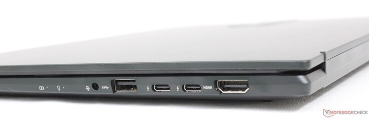 Direita: Fone de ouvido 3,5 mm, USB-A 3.2 Gen. 1, 2x USB-C c/ Thunderbolt 4 + DisplayPort + Power Delivery, HDMI 2.0b