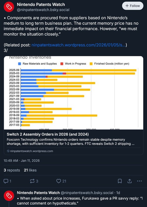 Postagem do Nintendo Patents Watch sobre a entrevista com Shuntaro Furukawa (Fonte da imagem: captura de tela, conta Bluesky do Nintendo Patents Watch)