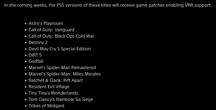 Lista de títulos PS5 que terão suporte VRR inicialmente (imagem via Sony)
