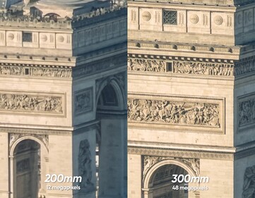 iPhone 17 Pro 12MP 8x zoom no sensor (esquerda) vs 48MP 12x zoom com a lente 300-600mm (essa é a lente + o zoom óptico 4x/100mm = 300mm).