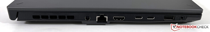 esquerda: fonte de alimentação, ethernet, HDMI 2.1 FRL, USB-C 4.0 (40 GBit/s, DisplayPort, Power Delivery), USB-C 3.2 Gen.2 (10 GBit/s, Power Delivery, DisplayPort, G-Sync), USB-A 3.2 Gen.1 (5 GBit/s), entrada para fone de ouvido de 3,5