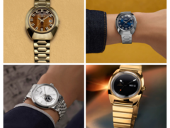 De cima para baixo, no sentido horário (na foto), temos a reedição do Q Timex 1972 Time Machine com mostrador marrom, a mesma reedição com mostrador azul, a reedição do Q Timex 1975 Enigma e o Timex x Peanuts Marlin Automatic. (Fonte da imagem: Timex - Editado)