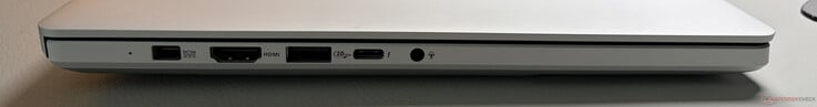 Lado esquerdo: Fonte de alimentação, HDMI 2.1 FRL, USB-A 3.2 Gen 2 (10 GBit/s), USB-C 4.0 com Thunderbolt 4 (40 GBit/s, DisplayPort ALT Mode 2.1, Power Delivery 3.0), entrada de áudio de 3,5 mm