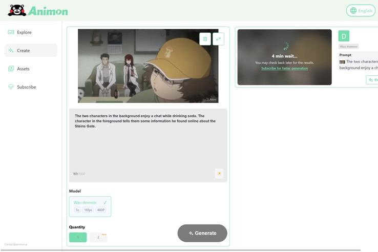 Durante um teste do Animon.ai em uma imagem estática de Steins;Gate, solicitando a animação dos personagens de primeiro e segundo plano, apenas o personagem de primeiro plano foi animado com sucesso. (Fonte da imagem: Animon)