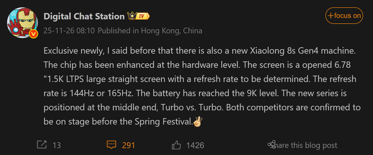 O Digital Chat Station compartilha mais informações sobre o telefone OnePlus Snapdragons 8s Gen 4 (Fonte da imagem: Weibo - tradução automática)