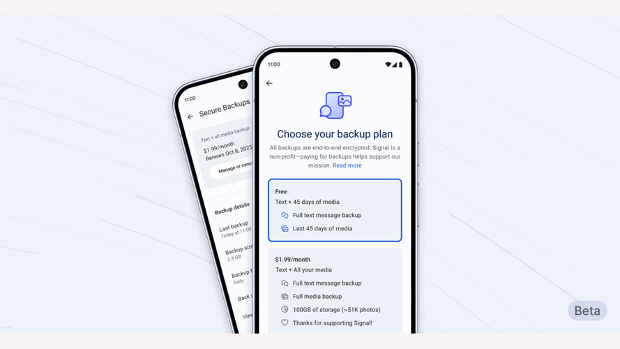 Recurso de backup seguro do Signal mostrado no aplicativo beta Android, oferecendo backups criptografados de mensagens e mídia com planos gratuitos e pagos. (Fonte da imagem: Signal)