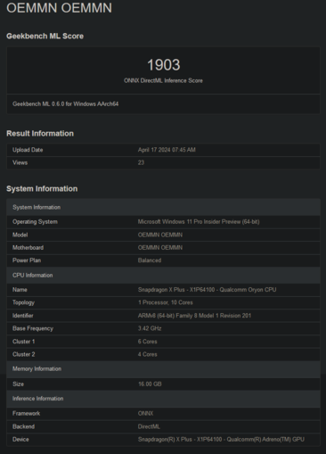 Pontuações do Geekbench do Snapdragon X Plus X1P64100 (imagem via Geekbench)