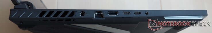 Lado esquerdo: Fonte de alimentação, RJ45-LAN, HDMI 2.1, Thunderbolt 4 (incl. DisplayPort), USB-C 3.2 Gen2 (incl. DisplayPort, Power Delivery, G-Sync), conector de áudio combinado de 3,5 mm.