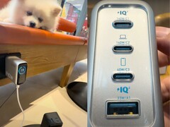 As três portas USB-C e a quarta porta USB-A estão presentes na parte inferior do carregador de parede Anker Zolo 140W. (Fonte da imagem: Xiao Li TV via YouTube)