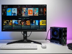 Framework Desktop PC executando o Bazzite OS conectado a um monitor que mostra uma interface de jogos Steam, semelhante a uma configuração de console. (ETA PRIME)