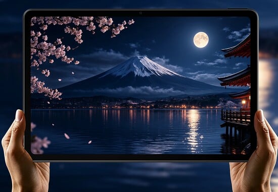 Mãos seguram um tablet exibindo uma vista noturna