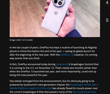 O Tom's Guide informou inicialmente que o OnePlus 15 seria lançado em 13 de novembro nos EUA, mas a menção foi removida do artigo. (Fonte da imagem: Tom's Guide)