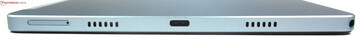 Direita: slot microSD/SIM, alto-falantes, USB-C 2.0