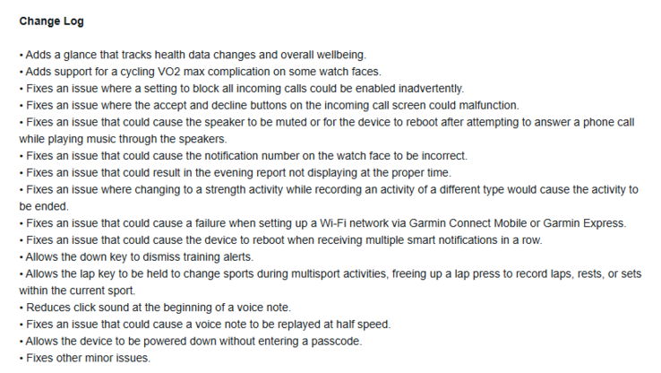 As notas de lançamento da versão beta 15.07 para os smartwatches Forerunner 570 e Forerunner 970. (Fonte da imagem: Garmin)