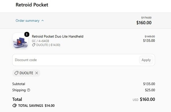 O código de cupom oferece um desconto de US$ 14 no preço do Retroid Pocket Duo Lite.