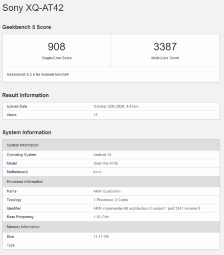 O Xperia 1 II com 12 GB de RAM. (Fonte de imagem: Geekbench)