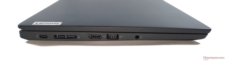 Esquerda: 2x USB-C 3.2 Gen 2, docking/mini Ethernet, HDMI 2.0, USB-A 3.2 Gen 1, conector de áudio de 3.5 mm