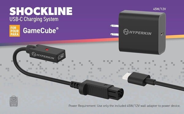 O Kit Shockline da Hyperkin para o GameCube vem com um adaptador USB-C de 45 W.