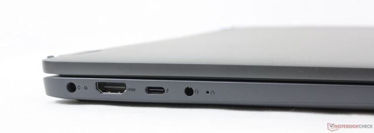 Esquerda: adaptador AC, HDMI 1.4b, USB-C 3.2 Gen. 2 c/ Thunderbolt 4 + DisplayPort + Power Delivery, fone de ouvido 3.5 mm