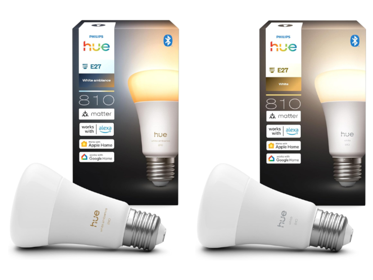 As lâmpadas inteligentes Philips Hue A60 E27 White ambiance (à esquerda) e White (à direita) 810. (Fonte da imagem: Philips Hue)