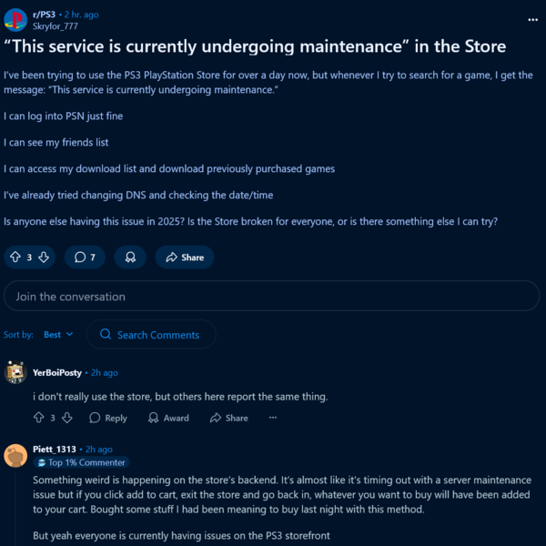 Postagem no Reddit sobre o tempo de inatividade da PlayStation Store do PS3 (Fonte da imagem: captura de tela, subreddit do PlayStation 3)