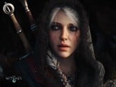 Imagem promocional de close-up de Ciri em The Witcher 4, com duas espadas ao fundo