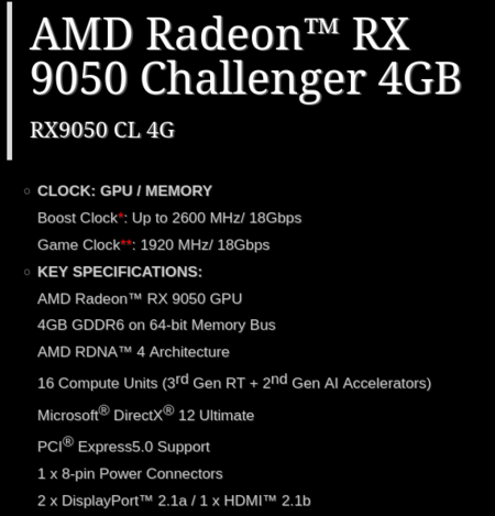 Captura de tela da página de especificações da RX 9050 Challenger 4 GB