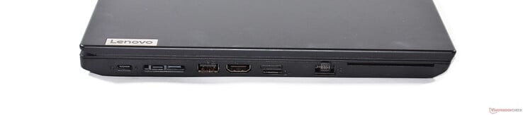 Esquerda: USB-C 3.2 Gen 1, USB-C 3.2 Gen 2, mini porta Ethernet/docking, USB-A 3.2 Gen 1, HDMI 2.0, microSD, RJ45 Ethernet, smart card