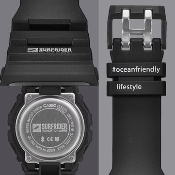 Detalhes sutis de design incluem o logotipo da Surfrider Foundation Japan na parte posterior da caixa de aço inoxidável e o slogan #oceanfriendlylifestyle na alça da pulseira.