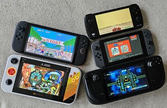 O Gamestation Go comparado em tamanho com o Switch 2, Ayn Odin, Switch 1 e Steam Deck (do canto superior esquerdo para o canto inferior direito, fonte da imagem: Marc Zander, Notebookcheck)