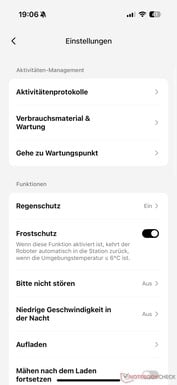 Menu de configurações