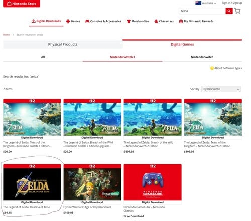 Preço do remake de Zelda: Ocarina of Time exibido na Nintendo Store da Austrália