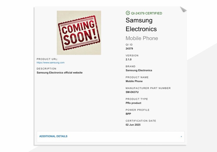 O Samsung Galaxy Z Fold7 já recebeu a certificação Qi2. (Fonte da imagem: Wireless Power Consortium)