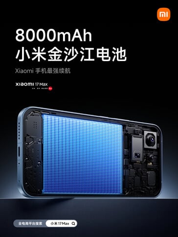 O Xiaomi 17 Max possui uma bateria de 8.000mAh.