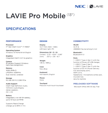 NEC Lavie Pro Mobile - Especificações. (Fonte da imagem: Lenovo)