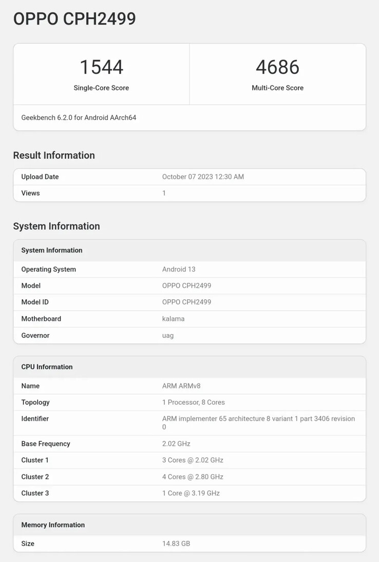 A primeira viagem do OnePlus Open ao Geekbench(?). (Fonte: Geekbench via SparrowsNews)