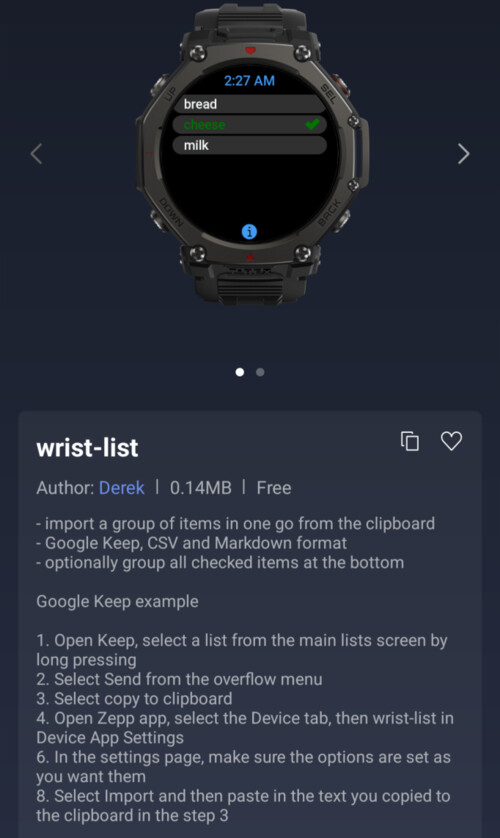 O Mini App wrist-list para smartwatches Amazfit