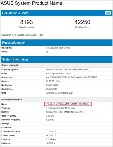 Intel Core i9-11900K. (Fonte de imagem: Geekbench 4)