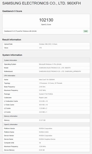 Suposta Samsung Galaxy Livro 3 Ultra com Core i9-13900HK e RTX 4070 em Geekbench OpenCL. (Fonte: Geekbench)