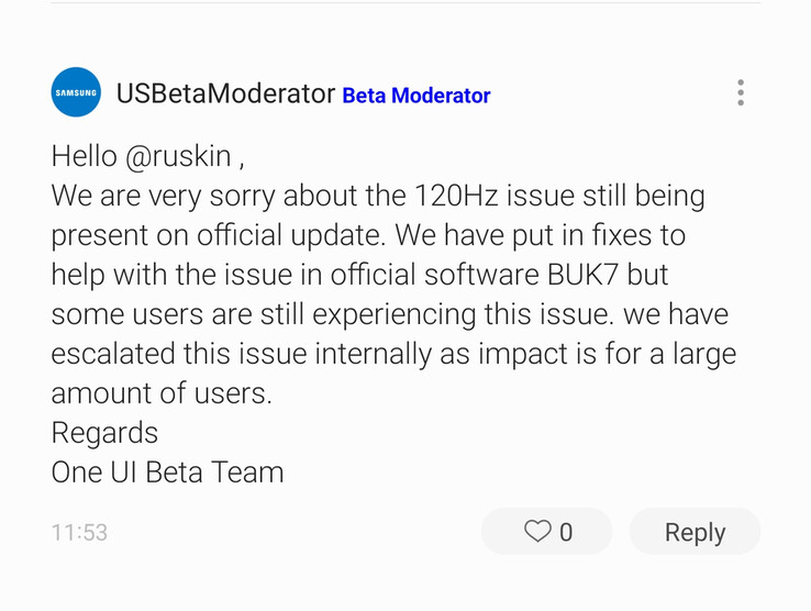 Um moderador do fórum da Samsung responde à queixa de um usuário da série S21 de um bug UI 4 120Hz. (Fonte: SamMobile)